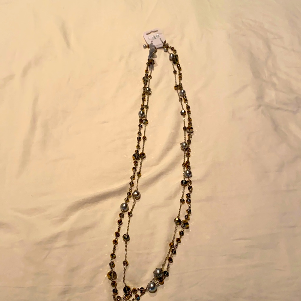 Long Silver Tone And Crystal Necklace, Earrings Set, Nwot